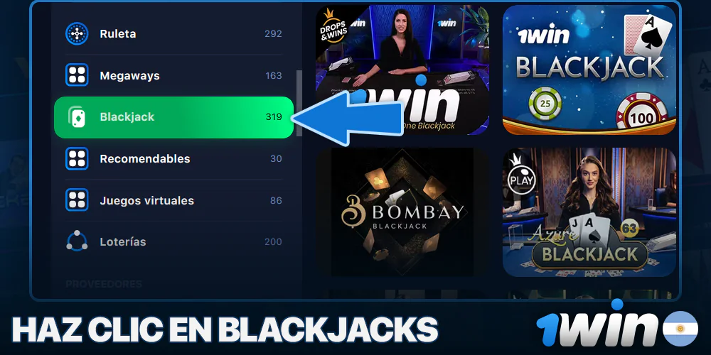 Seleccione la categoría de blackjack en el casino 1Win