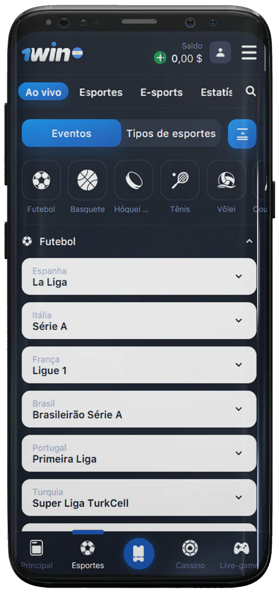 Captura de tela da seção de esportes no aplicativo móvel 1Win